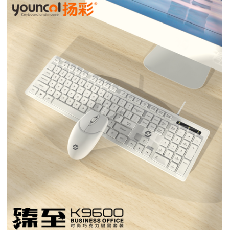 揚(yáng)彩K9600時(shí)尚巧克力鍵鼠套裝（白） 字符雷雕，永不掉色，經(jīng)典巧克力鍵盤造型，突顯靜音特征， 鼠標(biāo)加重配置，更舒適。