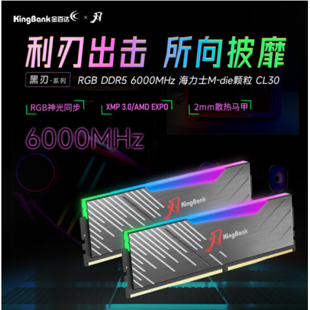 金百達 黑刃RGB 32GB(16GBx2)套裝 DDR5 6000 臺式機內(nèi)存條 海力士M-die顆粒RGB燈條 C30 黑色