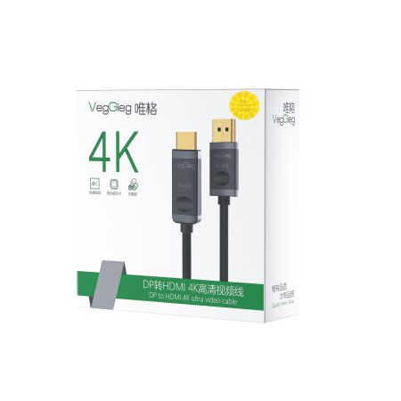 唯格V-Z604  DP轉(zhuǎn)HDMI4K無氧銅工程高清線  1.5米 黑色 OD6.0MM    屏蔽：80編織網(wǎng)+鋁箔+地線     支持分辨率：2K*4K*30HZ 彩盒包裝