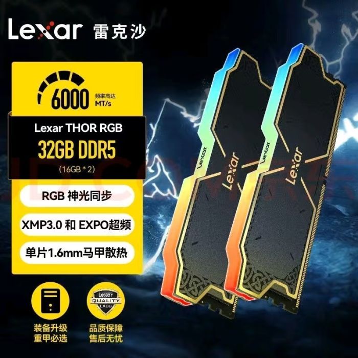 雷克沙雷神之刃32G套裝(16×2G) 6000 C38鎂光顆粒 DDR5 黑色 內(nèi)存