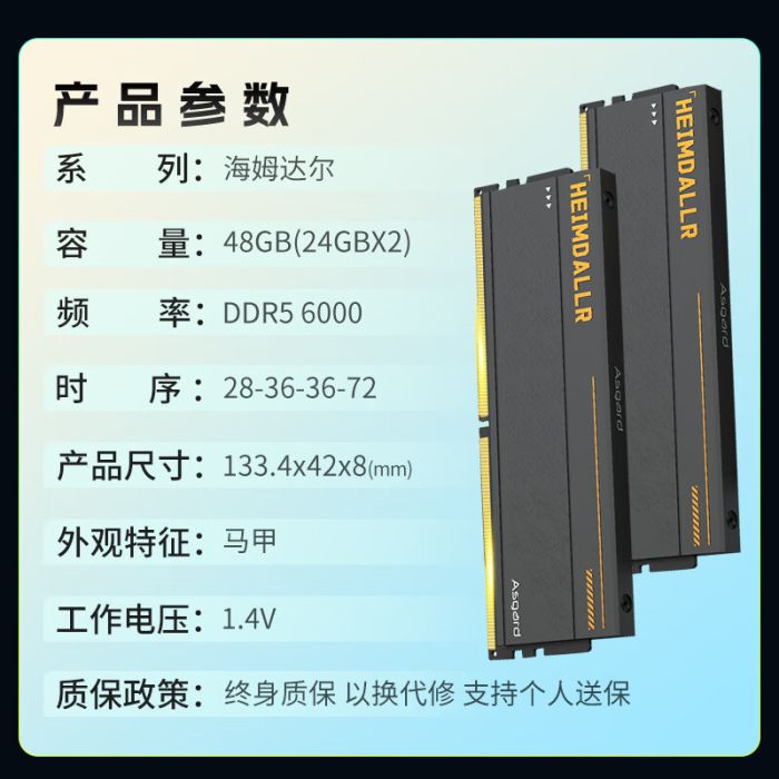 阿斯加特 海姆達(dá)爾48GB(24Gx2)6000套裝 黑厚甲 時(shí)序C28 海力士M-die原字顆粒 臺(tái)式機(jī)內(nèi)存條