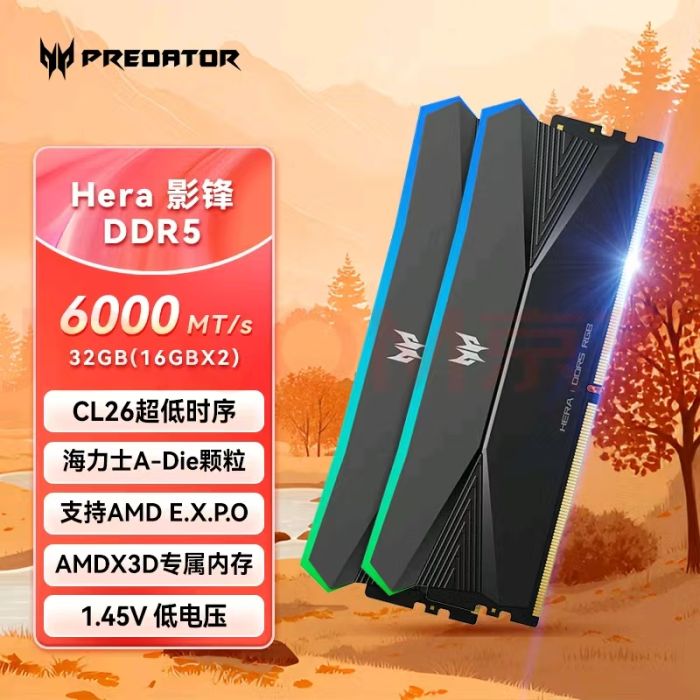 宏碁掠奪者影鋒32套裝(16G×2)6000 C26 RGB燈條 DDR5黑 臺(tái)式機(jī)內(nèi)存條