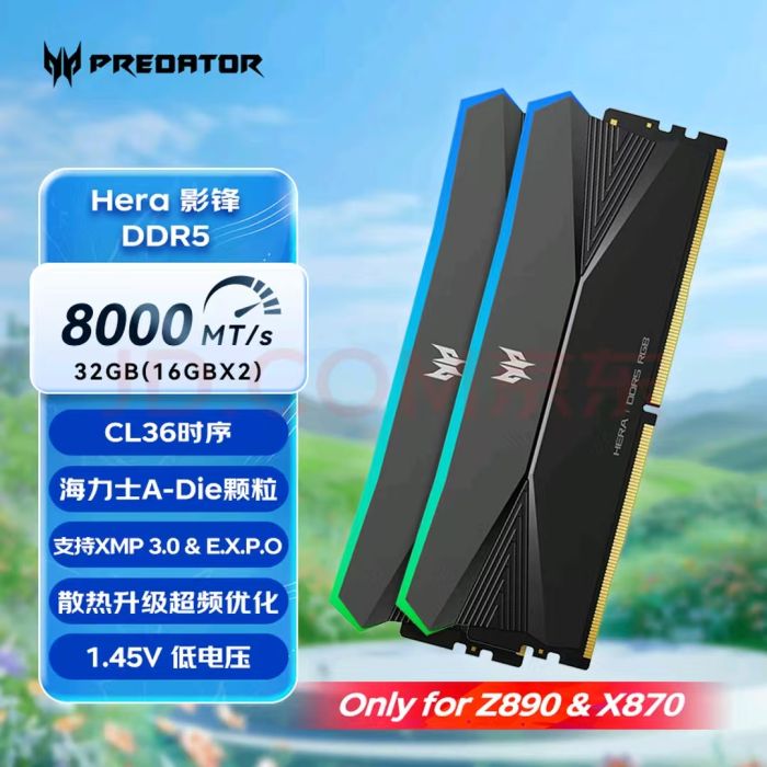 宏碁掠奪者影鋒32套裝(16G×2) 8000 C36 黑 RGB燈條DDR5 臺(tái)式機(jī)內(nèi)存條