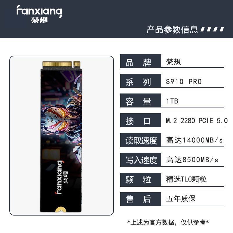 梵想S910PRO 1TB PCIe5.0 旗艦款 讀速高達14000MB/S  M.2接口 NVMe協(xié)議 獨立緩存 精選TLC顆粒 高速游戲SSD固態(tài)硬盤 質保五年