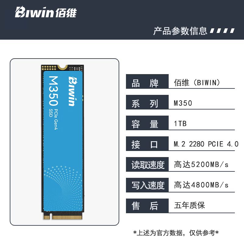 佰維 1TB M350 PCIE4.0 m.2接口(NVMe協(xié)議)  五年質(zhì)保SSD固態(tài)硬盤 讀速5200MB/s