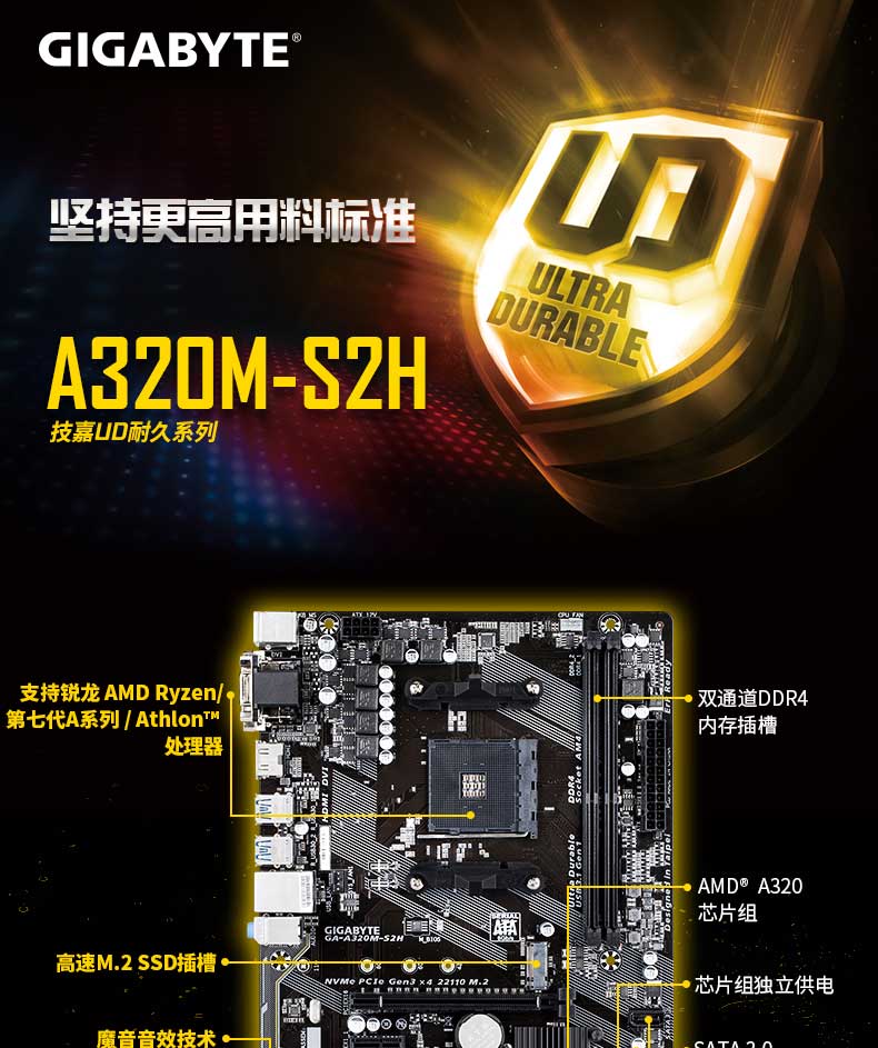 技嘉a320m-s2h 主板 amd a320/socket am4_主板_台式机配件_电脑配件